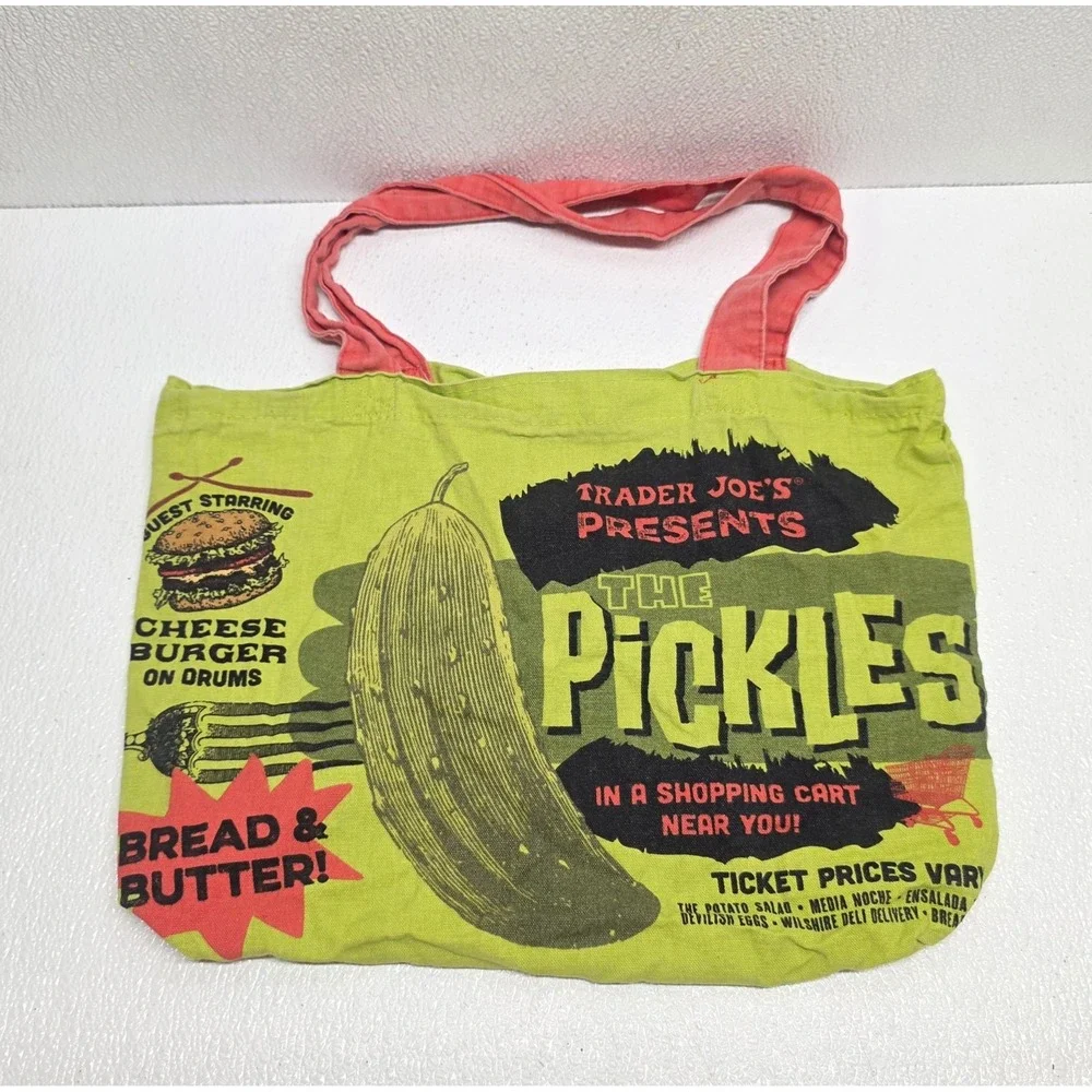 Trader Joes Pickle In a Jar Tote Bag Reusable Grocery Canvas Cotton Green